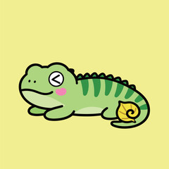 A cute cartoon green chameleon or lizard with a happy wink, holding a yellow snail on its tail, on a vibrant yellow background.