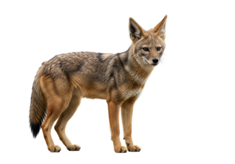 A captivating golden jackal, beautifully captured against a striking black backdrop, showcases its wild beauty and alert demeanor.