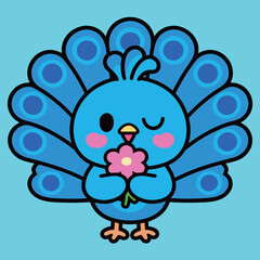 Adorable cartoon blue peacock holding a pink flower, with its tail feathers fanned out in a vibrant and cheerful display, in a cute vector illustration.