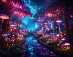Futuristic Glowing Neon Forest with Holographic Platforms
