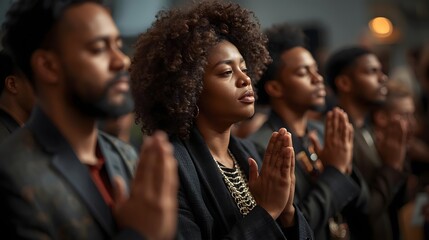 Seeking Spiritual Tranquility: A group of diverse individuals find solace in prayer, their faces illuminated with an inner peace. Reflecting the beauty of togetherness and unity in faith.