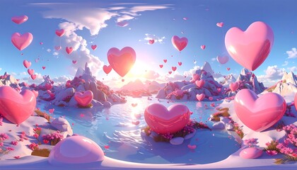 A serene, idyllic landscape, filled with floating heart-shaped balloons, bathed in the warm light of sunrise over a tranquil lake, dotted with pink flowers, against a backdrop of snow-capped...