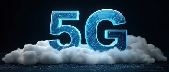 Glowing blue 5G technology lette emerges from fluffy white clouds against a dark background, representing advanced internet connectivity.