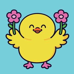 Adorable cartoon yellow chick holding two pink flowers, with a happy and gentle expression, in a cheerful vector illustration on a light blue background.