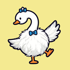 Cute cartoon goose with fluffy feathers, wearing two blue bow ties, and standing in a playful, waddling pose on a light yellow background.