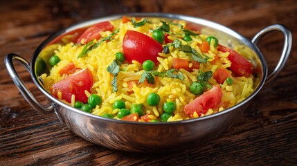 Delicious rice dish in a stainless steel bowl, featuring tomatoes, peas, and cilantro, served on a wooden table. Vibrant colors and appetizing presentation.