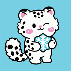 Cute cartoon snow leopard holding a snowflake, with a happy wink and a cheerful expression, in a charming winter holiday vector illustration.