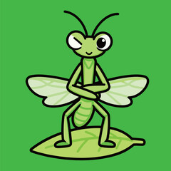 Cute cartoon praying mantis standing confidently on a green leaf with its arms crossed and winking playfully, in a charming vector illustration.