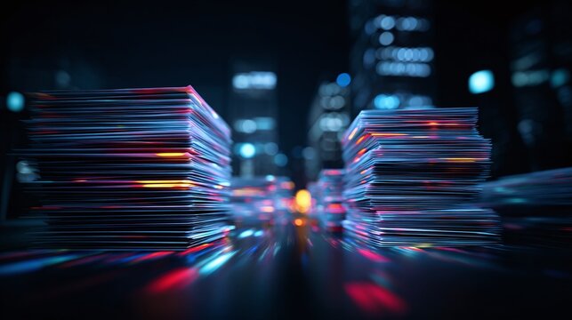 Abstract cityscape with glowing stacks, evoking data streams or architectural blueprints in a futuristic metropolis.