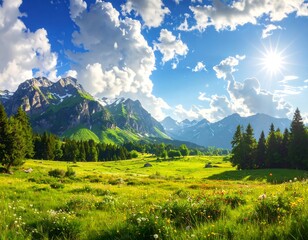 Fototapeta premium A vibrant mountain meadow bathed in sunlight, showcasing lush greenery and towering peaks under a dramatic sky.