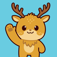 Cute cartoon brown deer with antlers, happily waving with a paw, in an adorable and friendly vector illustration on a blue background.