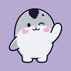 Cute cartoon baby seal winking and waving with a flipper, in a friendly and adorable vector illustration on a light purple background.