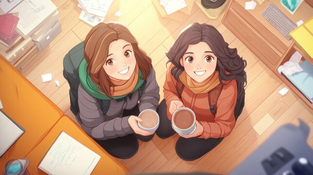 Two Friends Enjoying Hot Drinks in Cozy Room, Top View Aesthetic