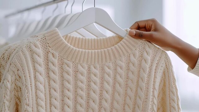 Hand gently lifts a cozy cream cable-knit sweater from a hanger, showcasing its texture and inviting warmth, embodying the essence of fall fashion and seasonal comfort