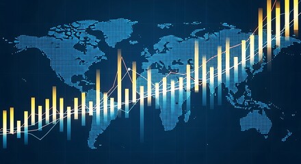 Global stock market growth chart overlaid on a digital world map