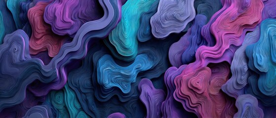 Fototapeta premium Abstract layers in blue, purple, pink, and teal create a flowing, organic topography with a sense of depth and dimension for a unique background.