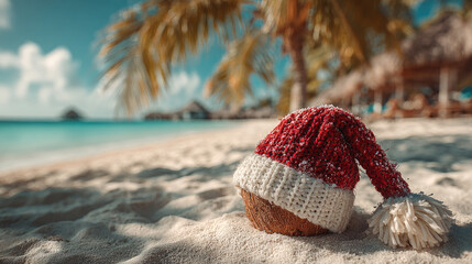 Coconut with Santa Claus hat enjoying winter holidays on a beautiful tropical beach with turquoise water and white sand under palm trees, celebrating Christmas in the Caribbean
