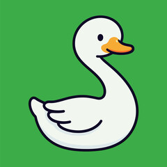 A graceful cartoon white goose or swan with a yellow beak, in a classic pose, isolated on a vibrant green background, vector illustration in a simple and elegant style