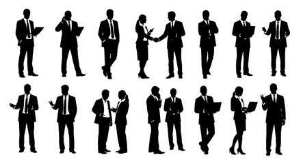 Silhouettes of business people in various poses, including talking on phones, holding laptops, and shaking hands.
