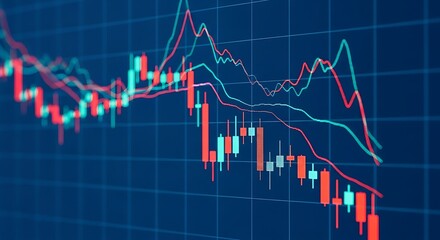 Stock market chart showing a downward trend with red and green candlesticks