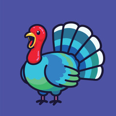 A happy cartoon turkey with a red neck and a colorful blue and green tail, gobbling loudly, isolated on a vibrant purple background, vector illustration