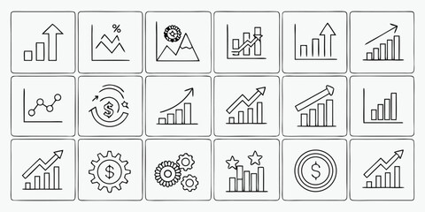 Hand Drawn Business Growth and Financial Icons Set Keywords: business, growth, finance, icon, chart, graph, bar chart, line graph, arrow, up, percentage, money, dollar, coin, gear, cogwheel, cycle