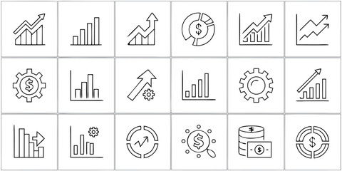 Grid of Hand Drawn Business and Finance Icons with Charts Gears and Money Keywords: business, finance, growth, chart, graph, bar chart, line graph, pie chart, gear, cogwheel, dollar sign, money