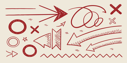 Red Hand Drawn Doodle Elements Arrows Circles Xs and Zigzag Line on Beige Background vector illustration
