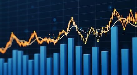Financial stock market graph with rising bars and fluctuating line chart
