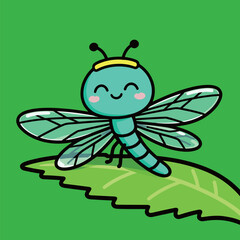 An adorable cartoon light blue dragonfly with a happy smile and a small yellow crown, resting peacefully on a green leaf, isolated on a green background, vector illustration