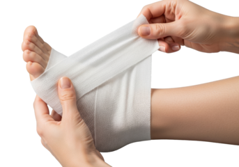 Adult hands gently wrapping a transparent medical bandage around a clean, healthy foot, isolated on a transparent background with soft bokeh, concept of healing and care