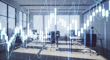 Modern office space with superimposed financial stock market trading chart overlay
