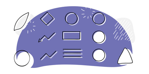 Collection of Hand Drawn Geometric Shapes and Abstract Elements on a Purple Blob Keywords: geometric shapes, abstract, circles, squares, rectangles, triangles, lines, arrows, leaf, doodle, design