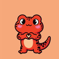 An adorable cartoon orange salamander with a happy smile, forming a heart shape with its hands, isolated on an orange background, vector illustration