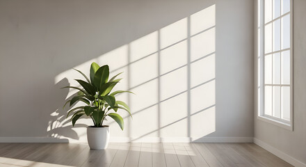 Minimalist room with a plant in a pot, illuminated by sunlight streaming through the window, creating shadows