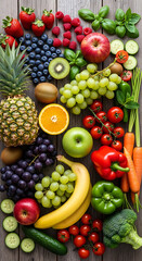 Flat lay of colorful fresh fruits and vegetables on a rustic wooden table
