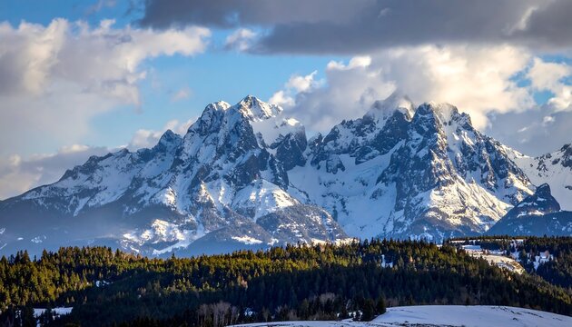Majestic snow-capped mountain peaks rise above a vibrant landscape of evergreen forests under a dramatic sky. - Powered by Adobe