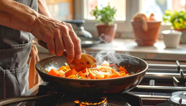 Hands stirring a flavorful medley of vegetables in a hot pan, filled with steam and warmth.