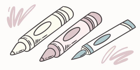 Three hand-drawn markers in pastel colors on a light background with scribbles writing tool drawing tool