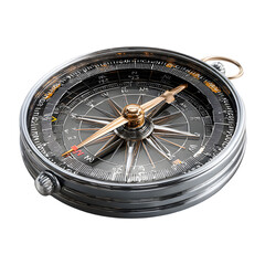 Close up of a vintage brass and glass compass with a needle pointing north isolated on transparent background