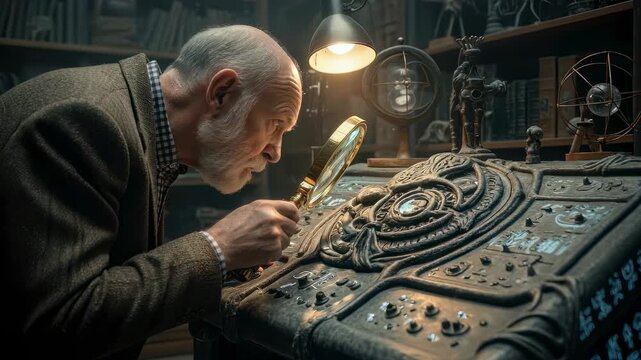 Man using a magnifying glass to examine ancient alien technology with mysterious symbols for archaeological discovery footage.