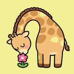 Cute Giraffe Bending Down to Smell a Pink Flower on a Yellow Background