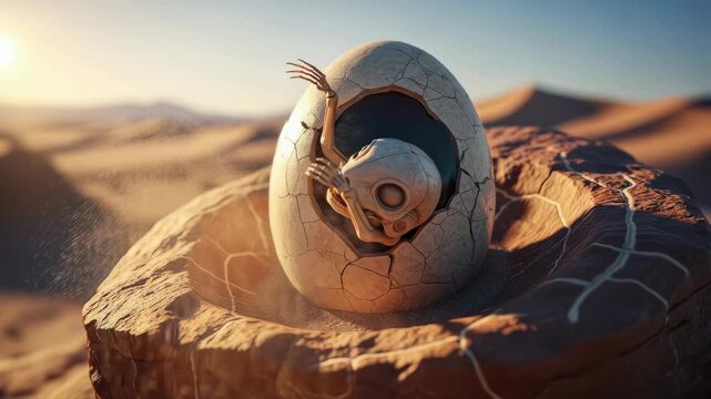 Alien creature hatching from egg in desert animation. Ancient technology and extraterrestrial life concept for archeology video.