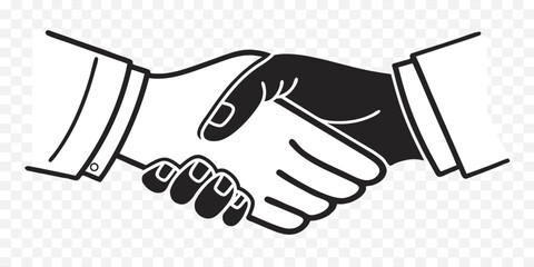 Black and white illustration of two hands shaking in a business context handshake agreement