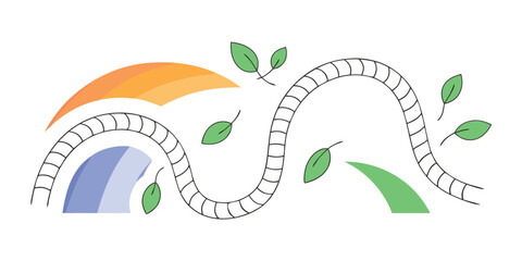 Stylized Landscape with Rainbow Arch, Waterfall, and Green Hills Keywords: landscape, stylized, abstract, rainbow, arch, waterfall, water, blue, green, hill, grass, orange, sun, arc, wavy, line