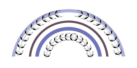 Rainbow Arch with Blue and Purple Hues Decorated with Leafy Branches Keywords: rainbow, arch, blue, purple, lavender, grey, decorative, branch, leaf, organic, shape, design, graphic, illustration