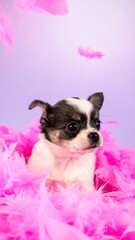Puppy surrounded by pink feathers