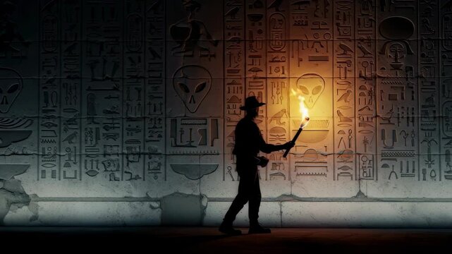 Man exploring ancient alien hieroglyphics on a wall with a torch in an old temple, mysterious discovery footage.