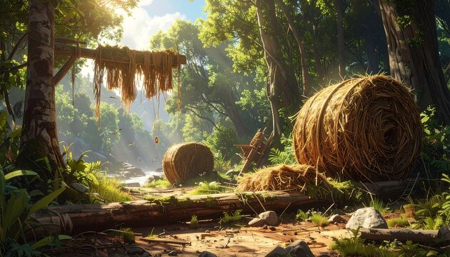 A sun-drenched, lush jungle clearing reveals a scene of rustic beauty with hay bales resting beside a babbling brook.