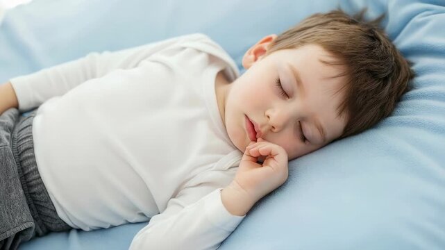 Little boy sleeping soundly and peacefully on a blue pillow, showcasing sweet baby dream time on bed footage